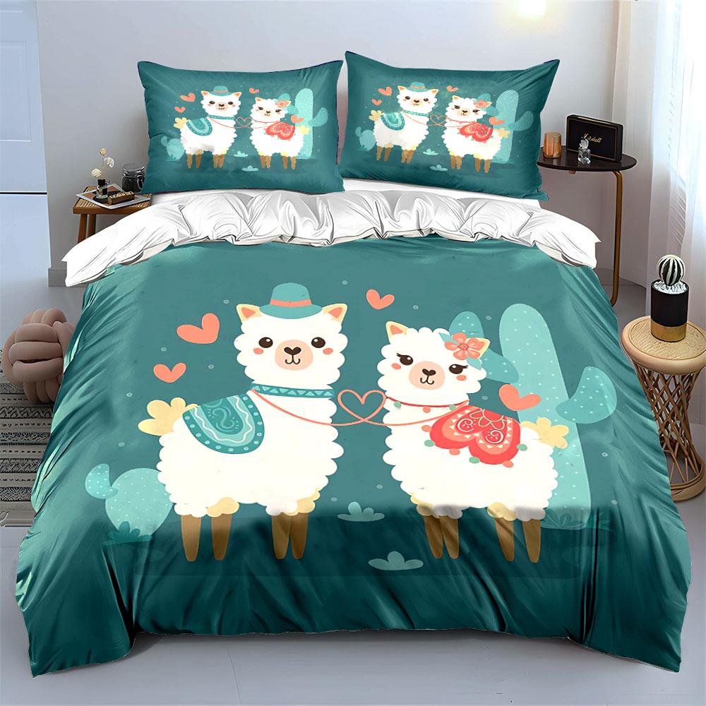 Cute Llama Couple with Hearts Bedding Duvet Cover Set Duvet Cover Pillowcases (1*Duvet Cover 2*Pillowcases, without duvet insert)