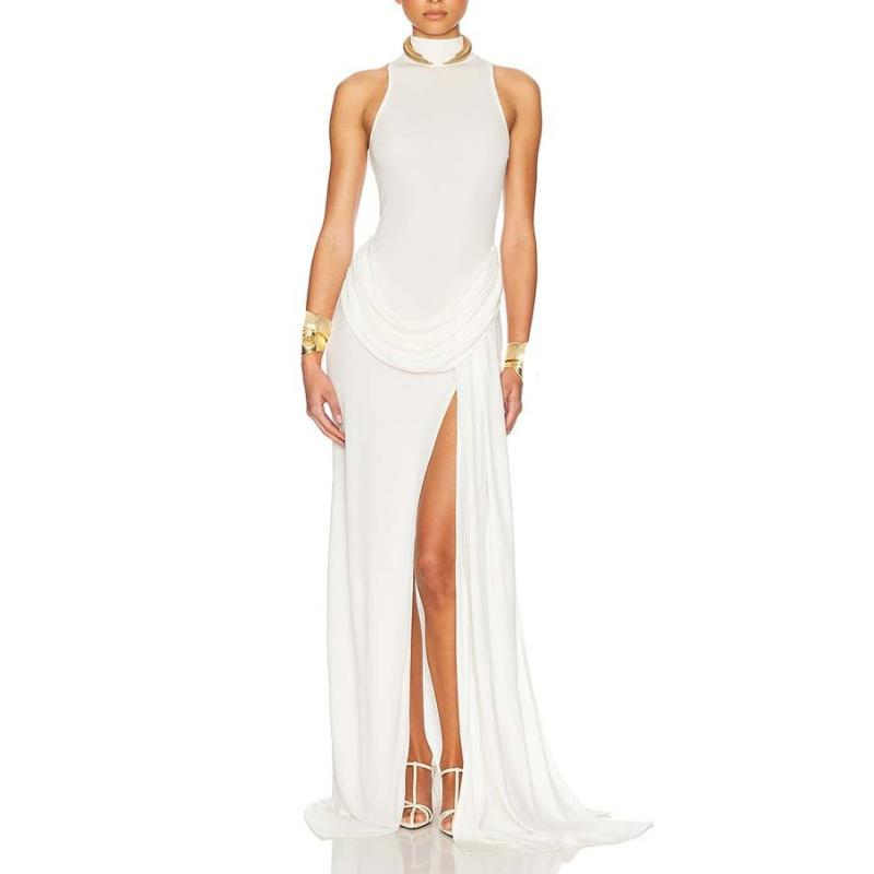 

Европейское и американское летнее модное платье с круглым вырезом без рукавов, с плиссировкой и разрезом, облегающее бедра, женская одежда L белый