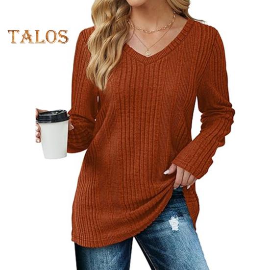 Women Tunic Sweater V-Neck Long Sleeve Solid Color Ribbed Casual Tops Slim Fit Knitted Loose Fit Fall Tops