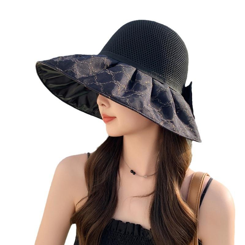Summer new hat women's versatile knitted breathable color glue sun protection sun hat summer mesh bow sun hat