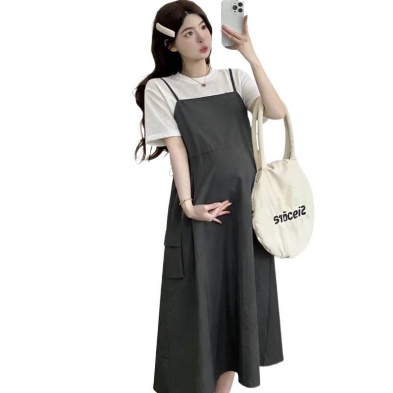 Maternity Summer Set: Waist-Cinching Vest Dress + Round Neck Short-Sleeved Top