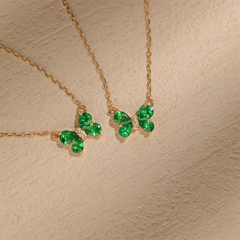 18K Gold-Plated Sterling Silver Butterfly Pendant Necklace with Green Zircon Platinum Color (Silver White)