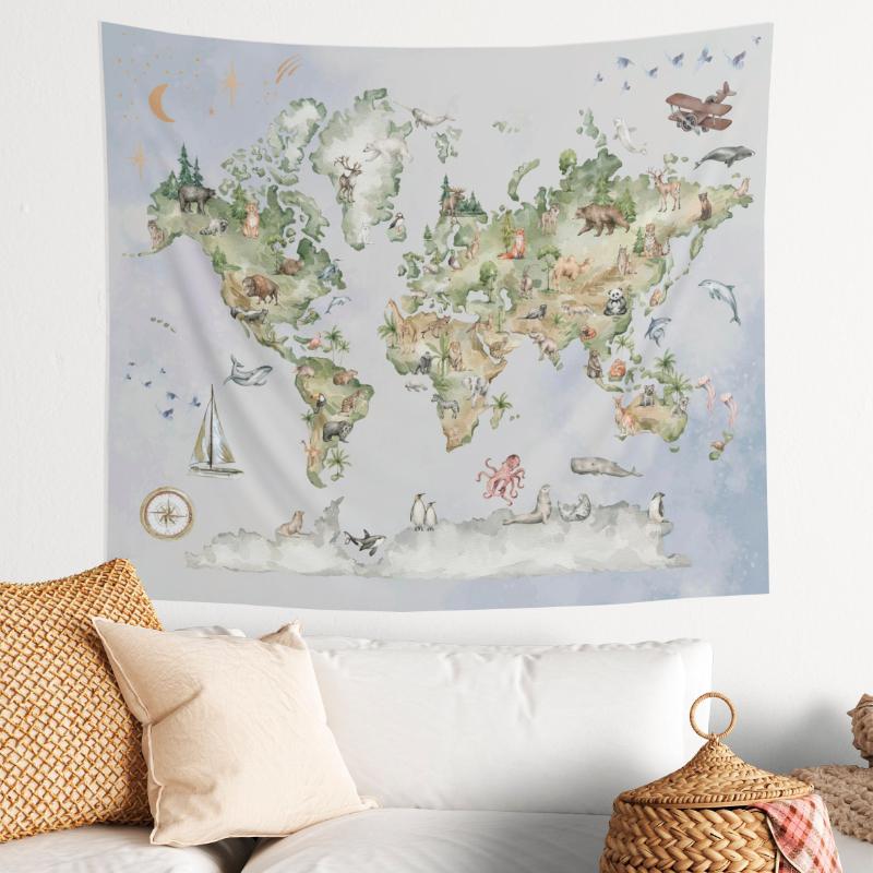 Antique World Map Tapestry Polyester Fiber Renaissance Gorgeous Printed Wall Carpet Retro Navigation Map Wall Hanging 100X70CM