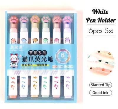 6 Pieces Set Kawaii Cat Paw Highlighter 6 Colors Slanted Tip Markers Liquid Ink for Student School Stationery Office Supplies