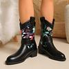 Vintage Flower Embroidery Western Boots Women Fashion Buckle Thick Heel Ankle Boots Woman Slip On Pointed Toe Short Booties 43