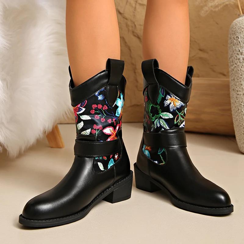 Vintage Flower Embroidery Western Boots Women Fashion Buckle Thick Heel Ankle Boots Woman Slip On Pointed Toe Short Booties 43