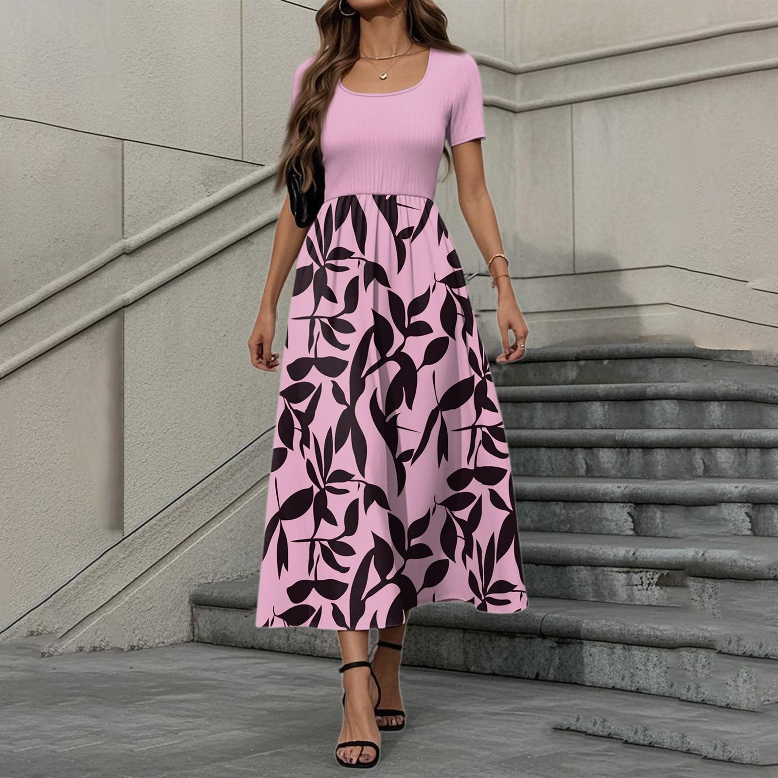 

Женское модное повседневное платье с коротким рукавом и круглым вырезом, с цветочным принтом, элегантное платье с темпераментом S розовый