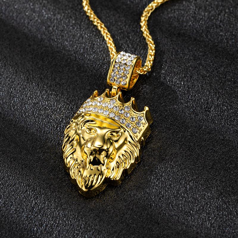 Hip Hop Necklace Accessories for Men and Women, Trendy Brand Accessories, Alloy Full Diamond Gold Lion Pendant