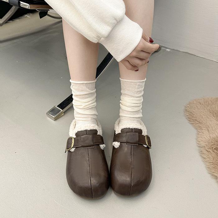Thick-bottomed leather bag head half slippers for women to wear autumn and winter new comfortable versatile velvet cotton slippers 39 коричневый 3530₽