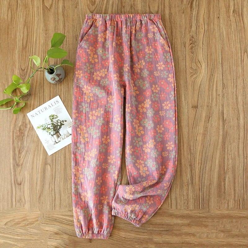 2026 Spring/Summer New Women's Sleeping Pants 100% Cotton Jacquard Cute and Fresh Flower Pants Loose Closing Home Pants Ladies