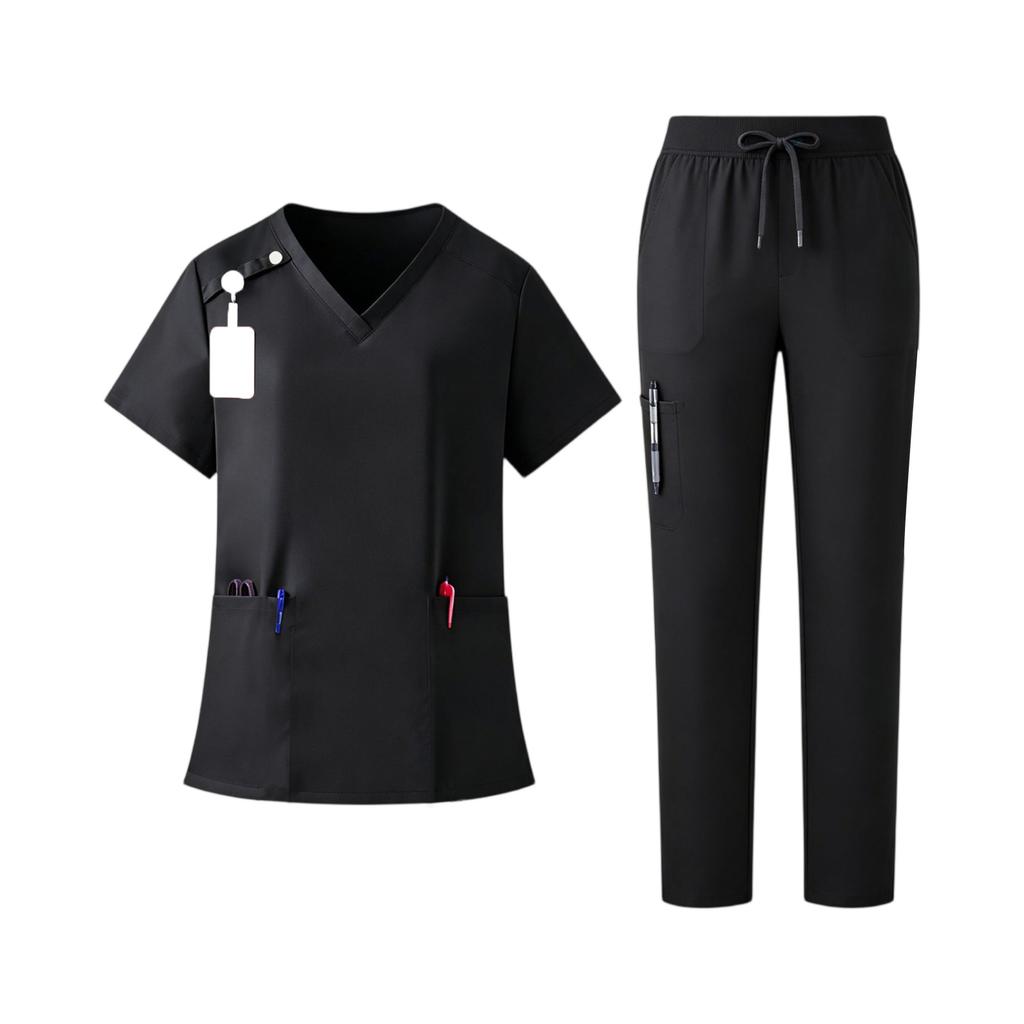 Women's Set V-Neck Short Sleeve Top with Pockets and Drawstring Pants, Quick Dry Color Uniform for Healthcare Workers