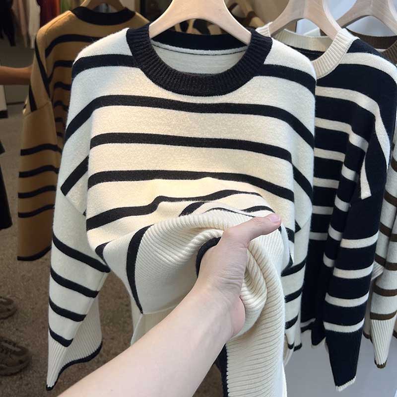 Sweater Pullovers Tops Women Long Sleeves Contrast Stripes Autumn Winter Oversized  Loose Long Sleeve Pullover Tops
