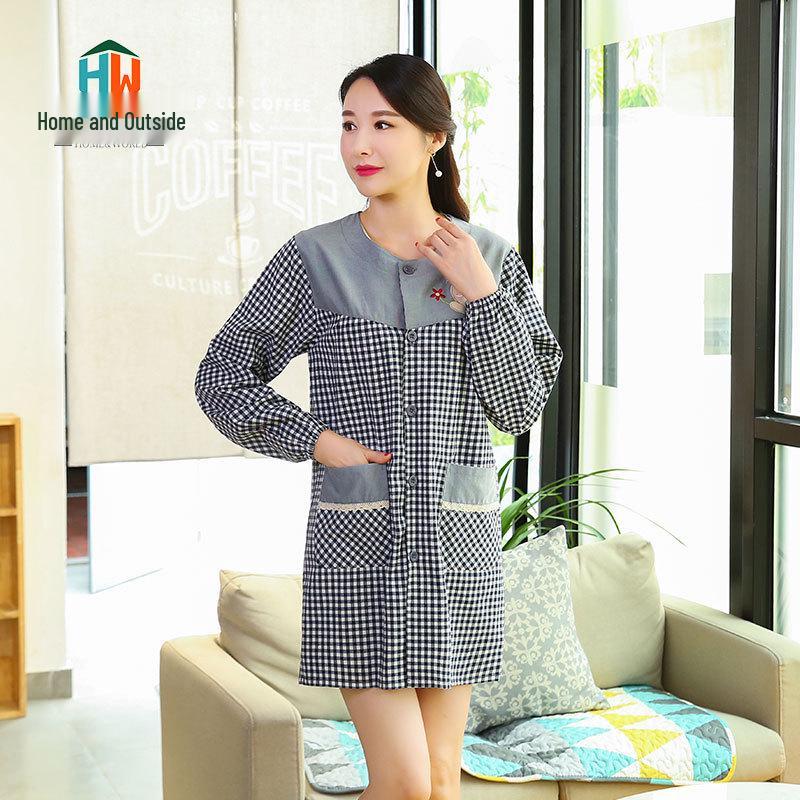 

Korean Style Stain-Proof Long Sleeve Cotton Apron for Women темно-синього кольору