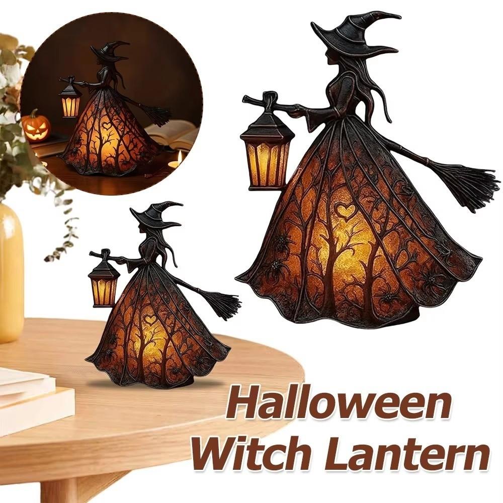 Strašidelné sošky čarodějnic na koštěti 16cm Pryskyřice Noční světlo Sváteční dekorativní lampa Halloweenská párty