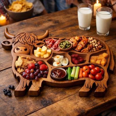 Highland Cow Wooden Charcuterie Board Cute Cow Shaped Serving Tray Rustic Farmhouse Food Platter with Compartments for Cheese Meat Fruit Snacks