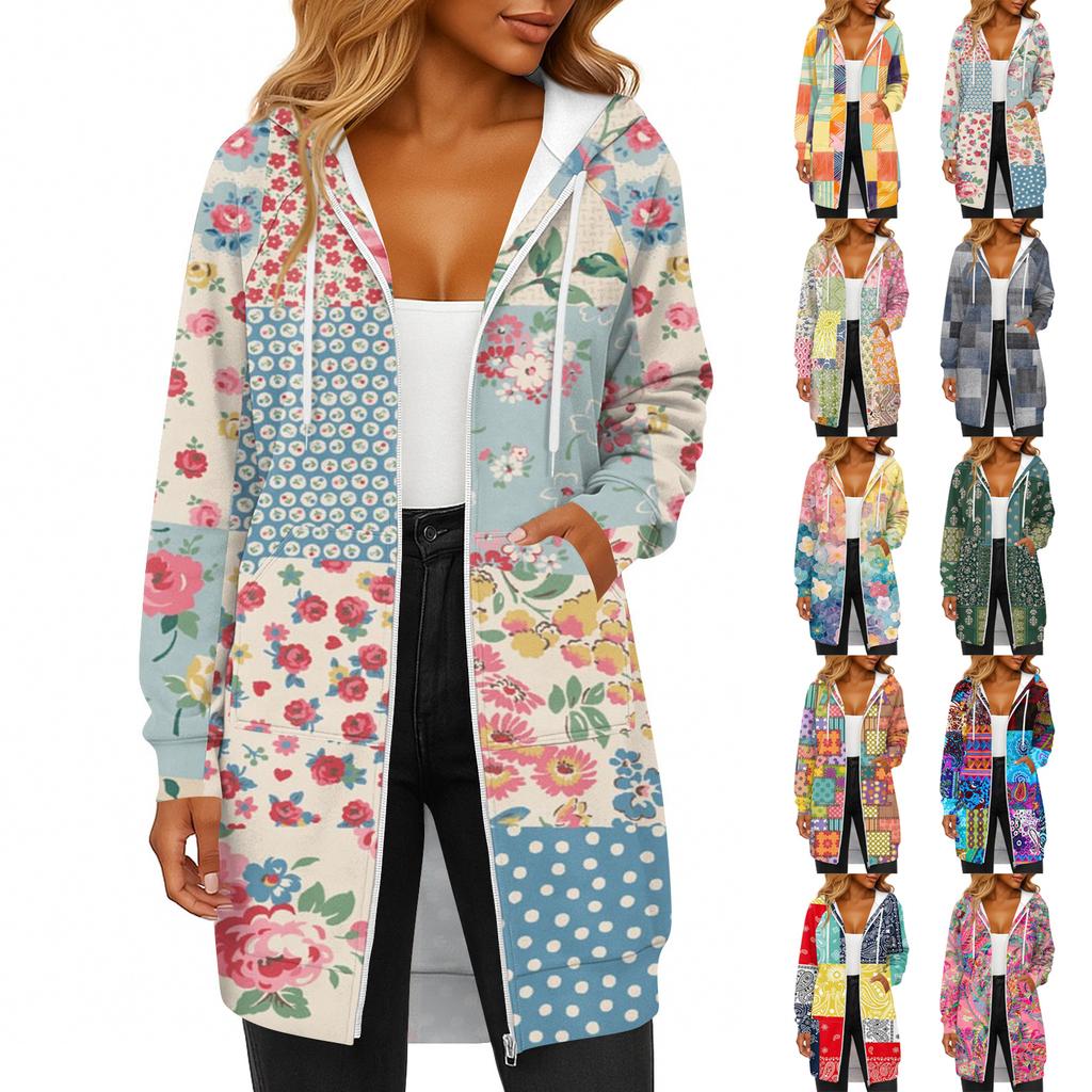 Women's Fashionable Printed  Long Sleeved Drawstring Hooded Zipper Pocket Long Casual Sweatshirt Jacket