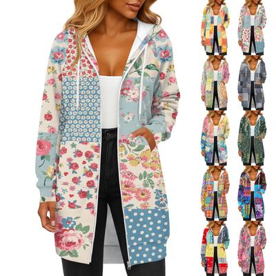 Jaqueta Moletom Casual Feminina Estampada Fashion de Manga Comprida com Capuz e Cordão, Bolso com Zíper