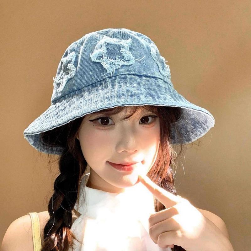 Autumn Washed Old Denim Hat Women's Bucket Hat Washbasin Hat Pentagram Versatile Bucket Hat