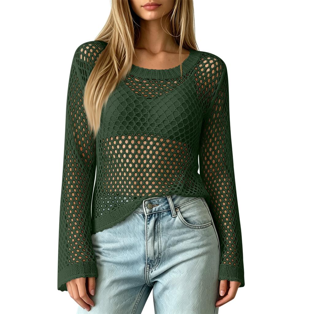 Women Casual Crochet Hollow Out Sweater Top Lightweight Knit Mesh Pullover Half Sleeve Beach Swim Cover Up Blouse