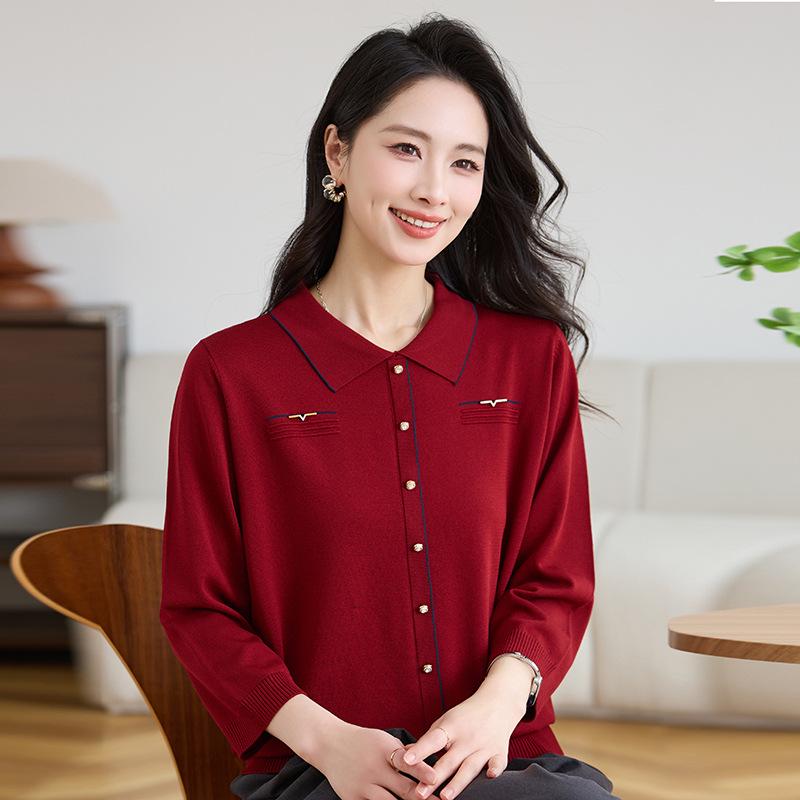 

2026 Summer New Knitted Women s Stylish Lapel T-shirt - Fashionable Ice Silk Base Layer for Moms & Mothers-in-law 3XL (Recommended 60-67.5 kg) вино красного