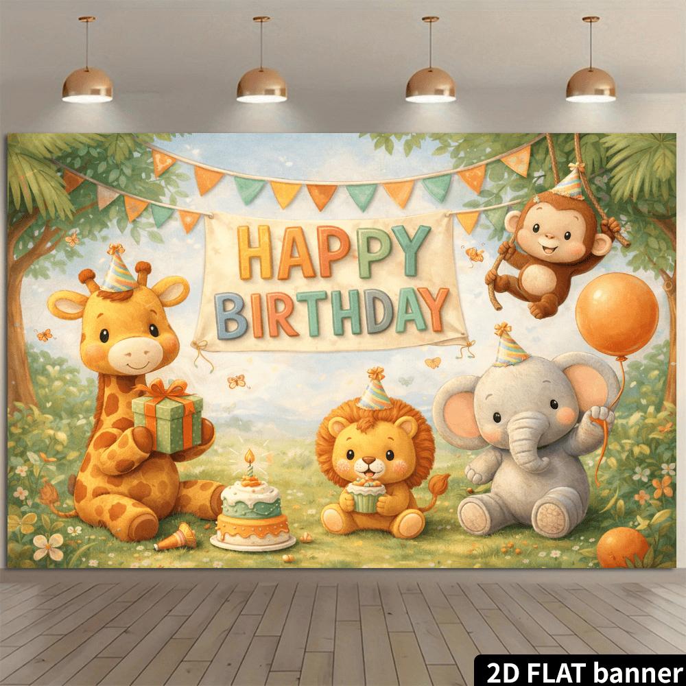 2D Jungle Animal Cake Birthday Gift Background  Fresh and Playful Scenes