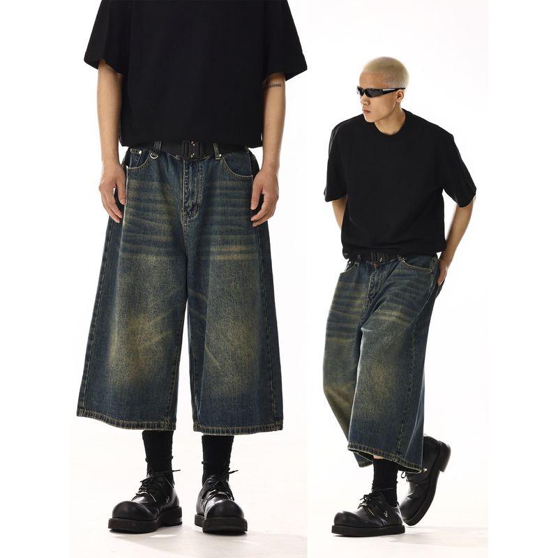 American Retro Denim Cropped Pants Male and Female Trendy Brand Washed Fancy Loose Easiest for Match Casual Wide-Leg Denim Shorts Denim Shorts