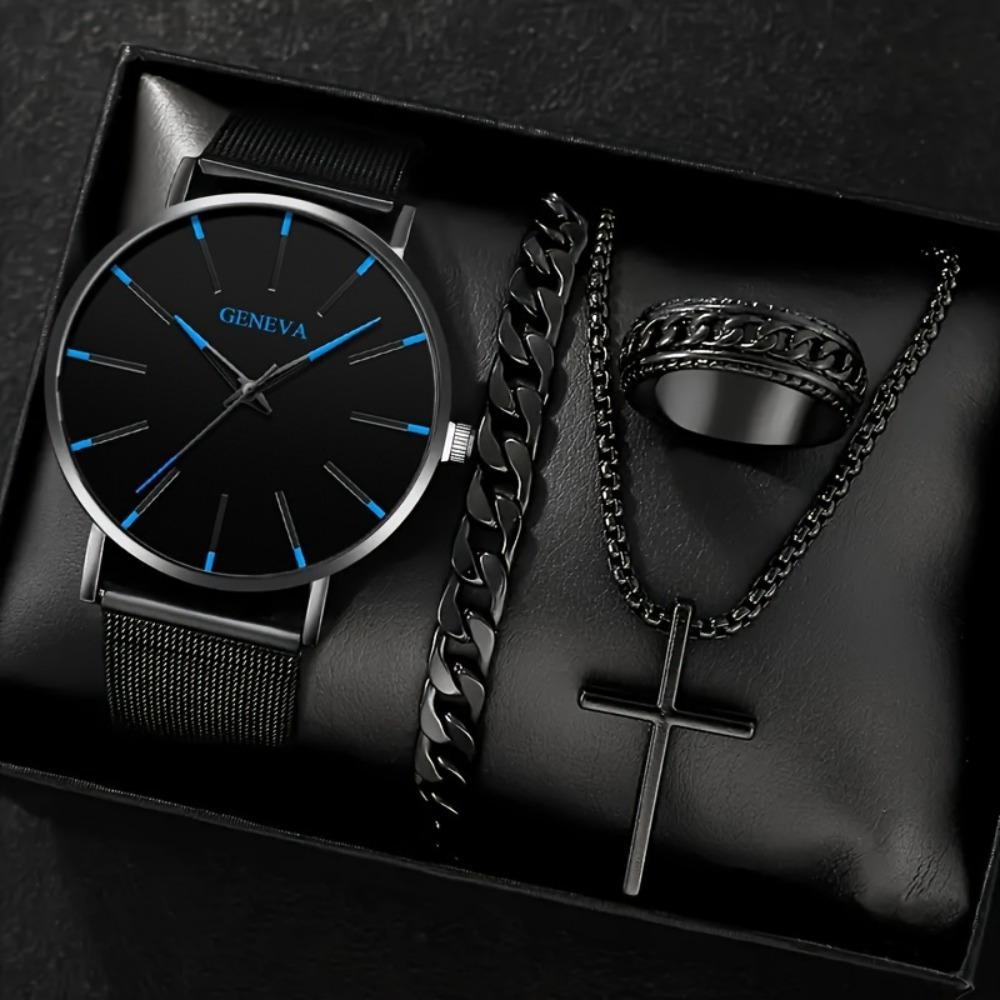 Watch Four-Piece Men S Mesh Strap Accessories Watch Ring Necklace Bracelet Men S Quartz Watch