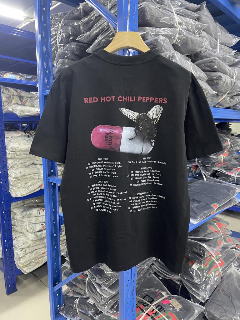 25SS High quality Vintage Rock Red Chili Printed Band Short Sleeve Heavy Washed Cotton Loose Casual Oversize Street Pop Tshirt