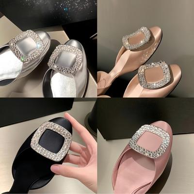 Lammfellversion von Frühling und Sommer Fee runder Kopf quadratische Diamantdekoration flache Mündung hohle Sandalen Damen flache Schuhe