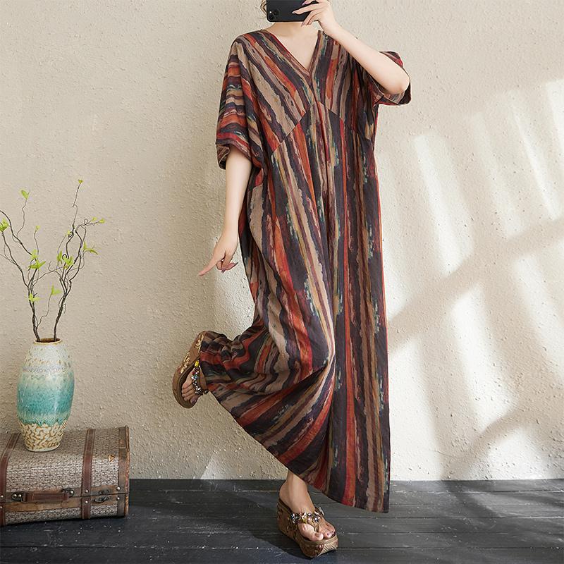 

DIMANAF New 2025 Women Basic Plus Size Summer Dress Casual Linen Short Sleeve Dress Stripe Loose Dress One Size красный