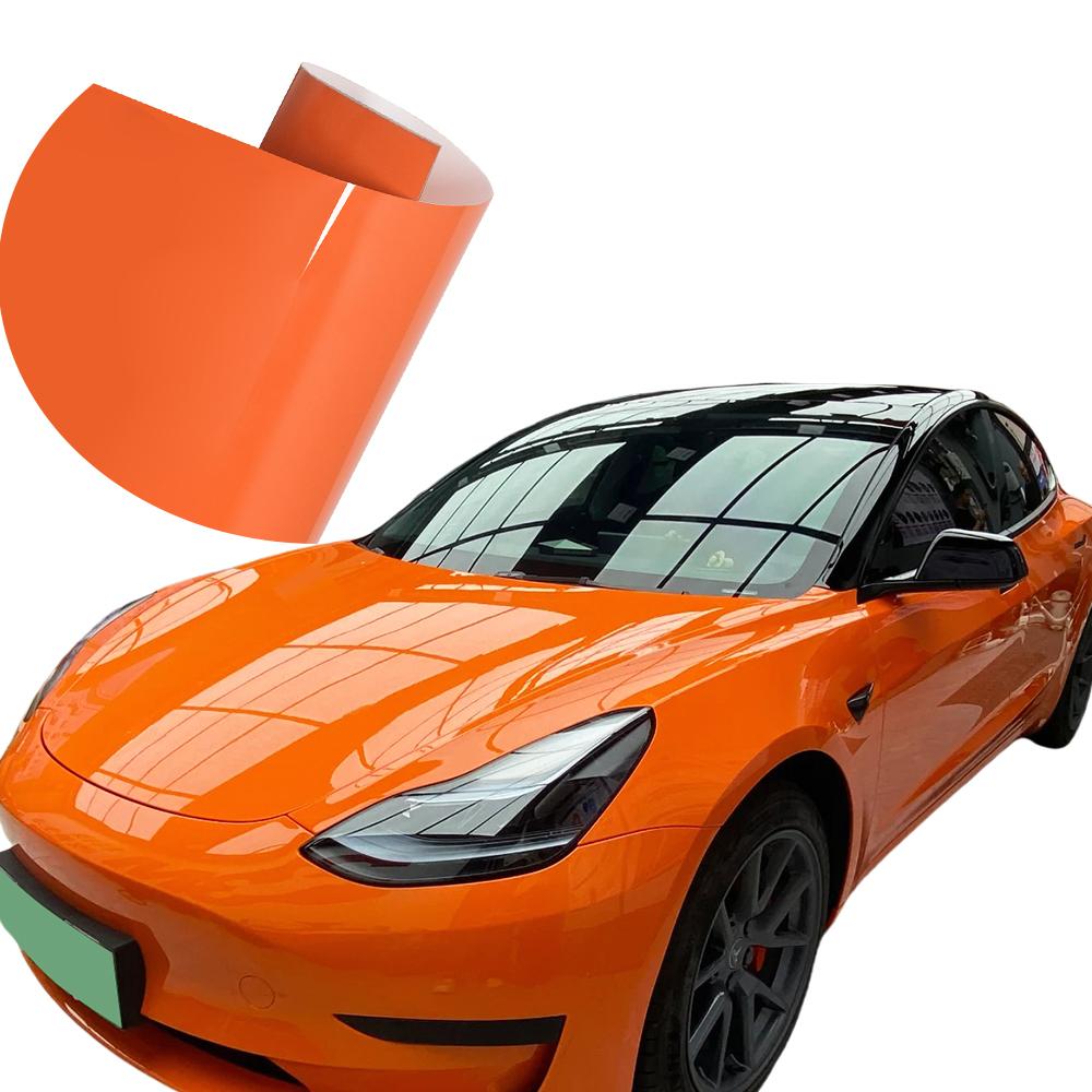 Glossy High Brightness Orange Car Vinyl Sticker PET Wrapping Film Decal Auto Body Styling Decoration Accessories Bubble Air Free