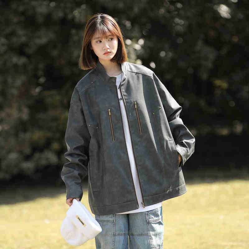 Gray Matte Leather Jacket, Men and Women Loose Stand Collar, Handsome American Autumn Short Motorcycle Suit