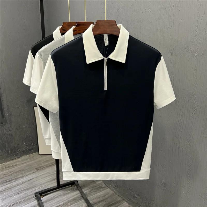 Fashionable Half-zipped Men's Polo Shirt Casual Color Block Short Sleeves Summer Trendy Lightweight Style Men's T-shirt