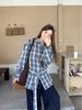 Women's Retro Korean Blue Plaid Tie-Waist Shirt - Long-Sleeve Top for Spring/Autumn 2026