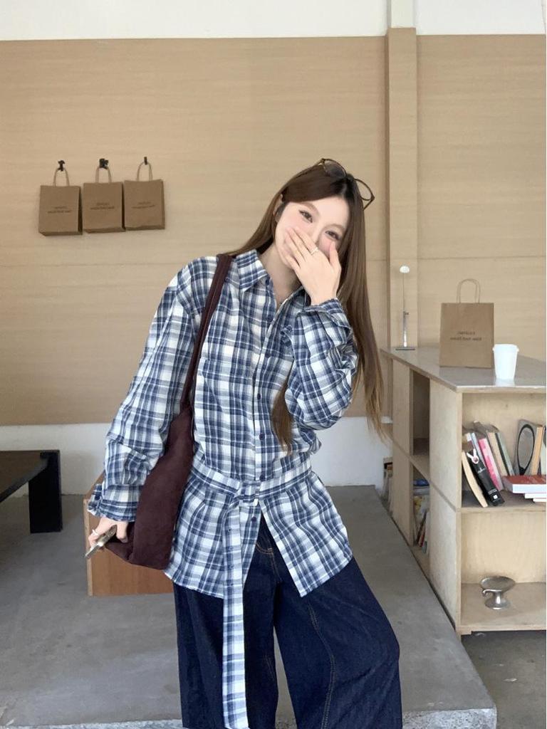 Women's Retro Korean Blue Plaid Tie-Waist Shirt - Long-Sleeve Top for Spring/Autumn 2026