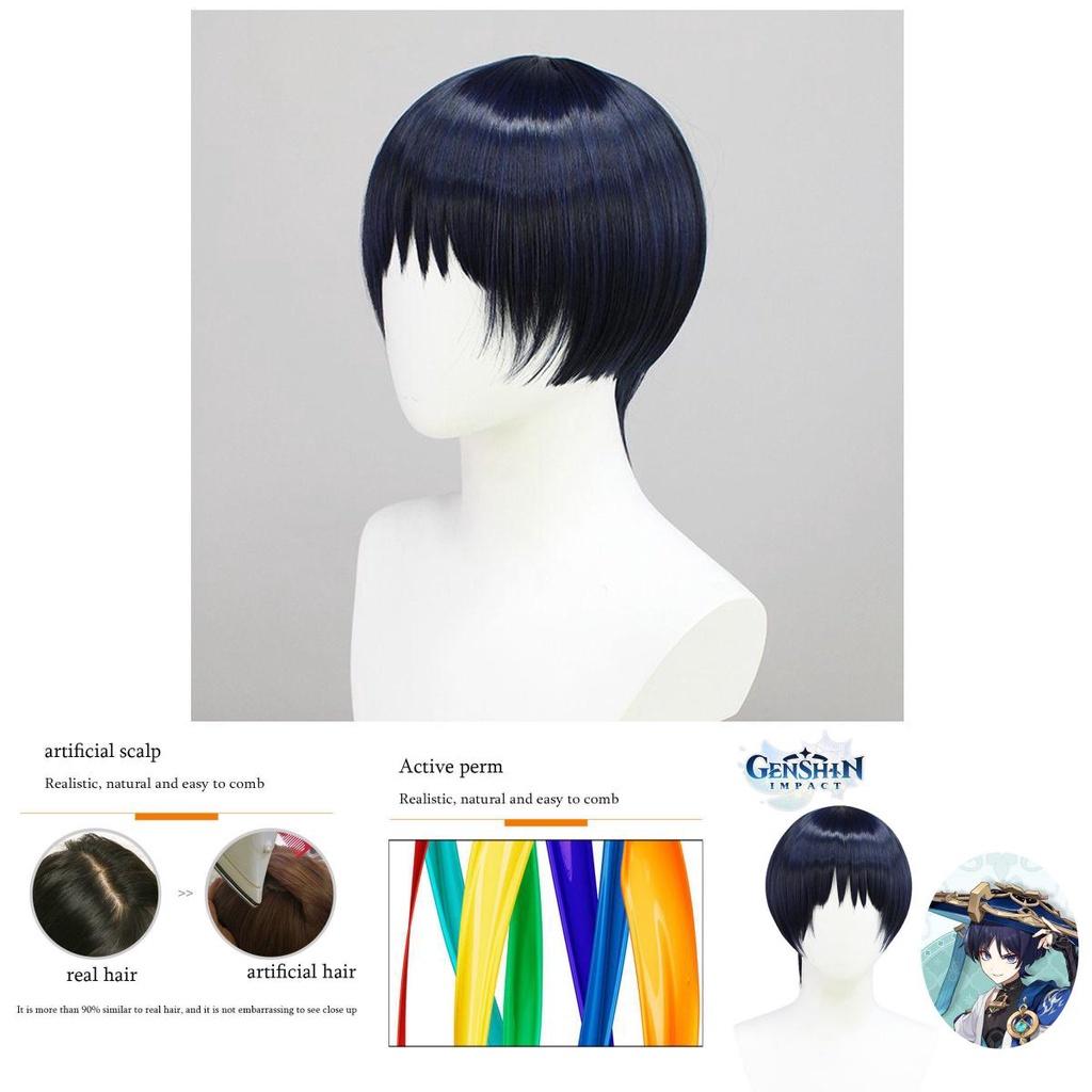 Genshin Impact Kunikuzushi Mørkeblå Cosplay Paryk Blød Højtemperatur Fiber Justerbar Pasform Realistisk Hovedbund