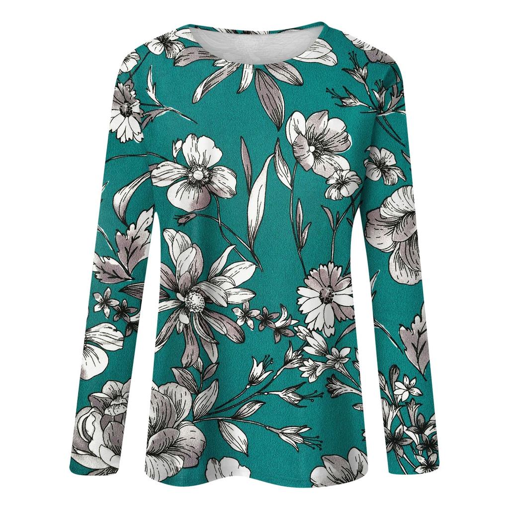 Women's Fashion Casual Long Sleeve Floral Print Round Neck Pullover Top Blouse