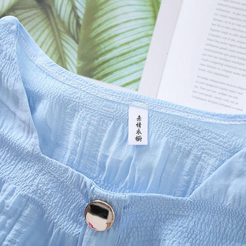 Ruffled Short-sleeve Shirt Nipped Waist Solid Pleated Button Down Top Female Chiffon Blouse Square Neck Chiffon Shirt