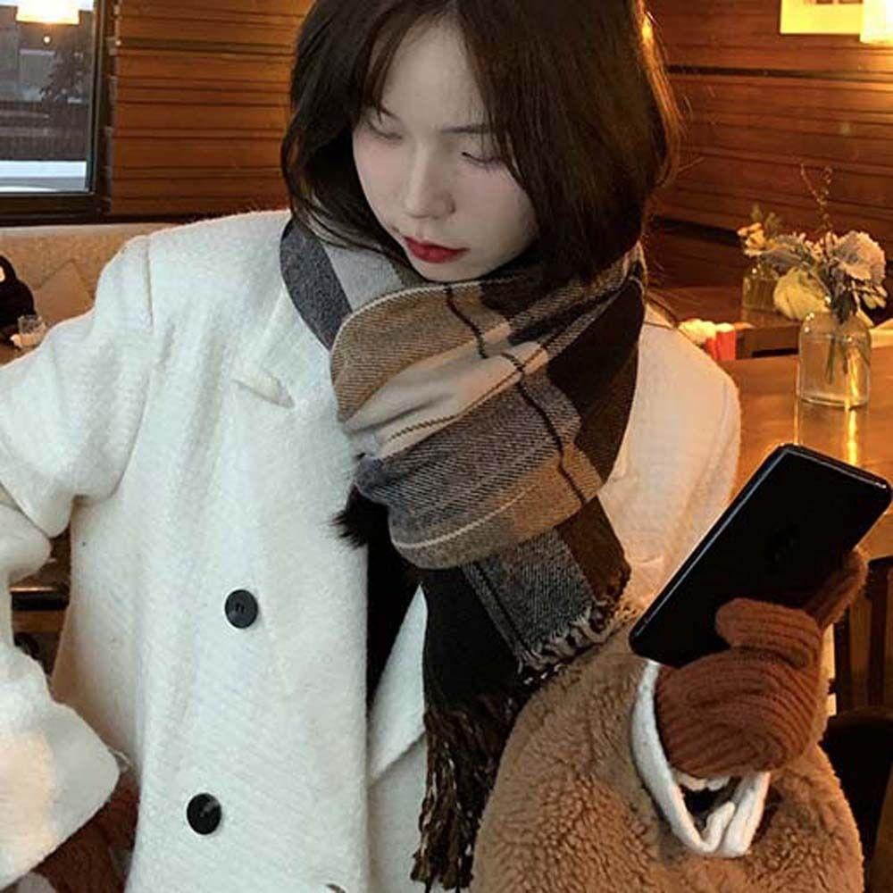 

Утеплители для шеи Толстые сетчатые зимние аксессуары Клетчатый шарф Одеяло с кисточками Женский шарф Шаль коричневый