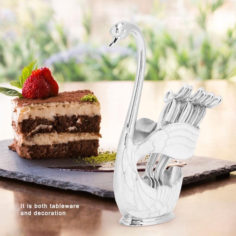 Set de linguri pentru desert cafea în stil european Suport pentru linguriță pentru fructe cu lebădă elegantă Vesă decorativă Argint