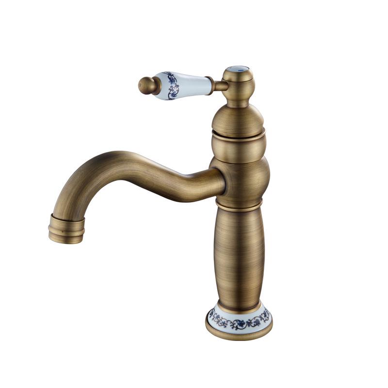 Vintage Black Single-Handle Basin Faucet with Brass & Blue-White Porcelain