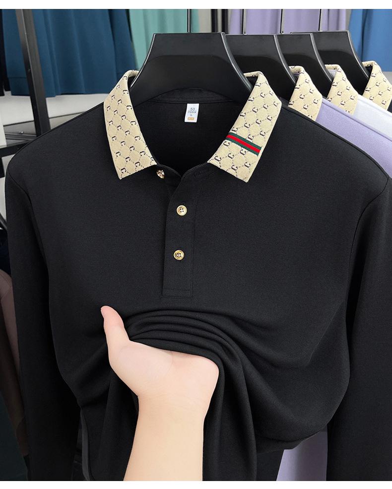 Men's Long-Sleeved Mulberry Silk Polo Shirt - Autumn Casual, Turn-Down Collar, Breathable Solid Color.