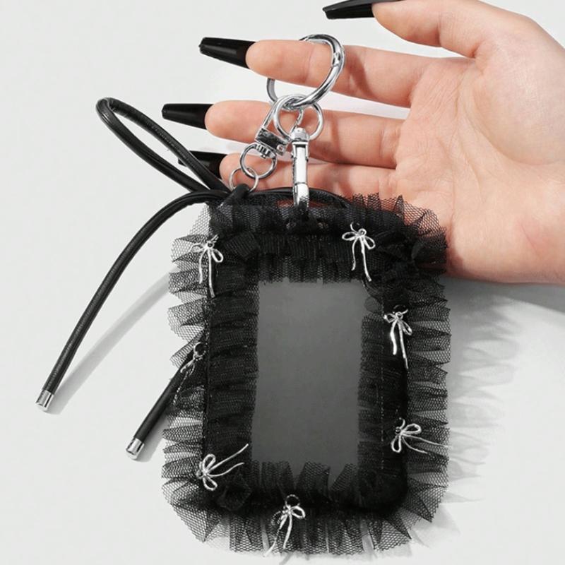 Elegant Badge Holder Gothic Bowknot Keychain Beaded Lace Card Charm Accessory Alternative Fashion Keyring