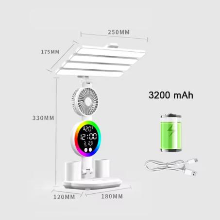 3 In1 Multifunction Table Lamp LED Four-headed Folding with Fan Calendar Clock USB Rechargeable Desk Light 3200mah Reading Lamp