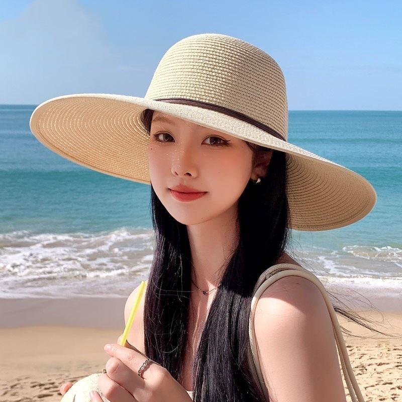 Flat Top Straw Hat Strapped Women's Summer Visor, Satin Versatile Straw Fashion Top Hat, Seaside Beach Hat