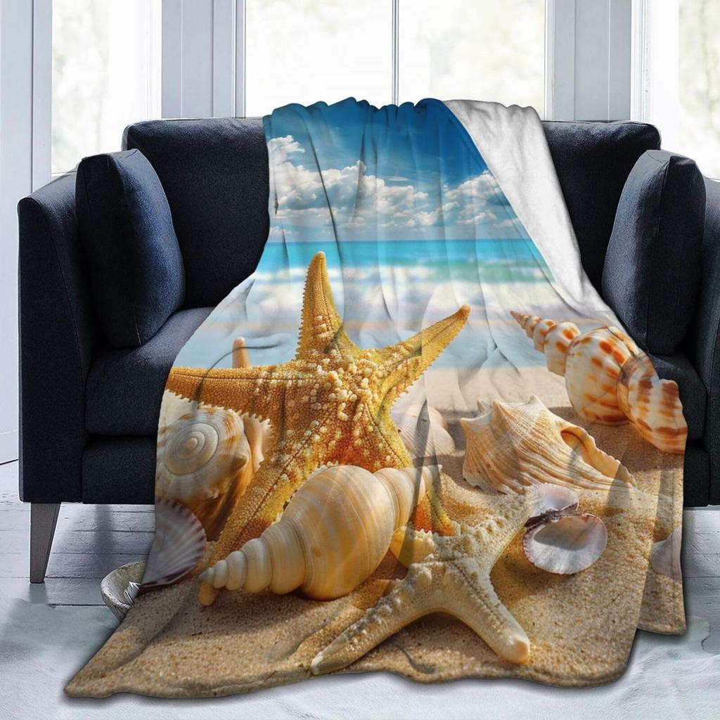 Beach Throw Blanket, Ocean Beach Theme Seashell Travel Blanket for Living Room Sofa Bed Office Soft Cozy Plush Flannel Blanket