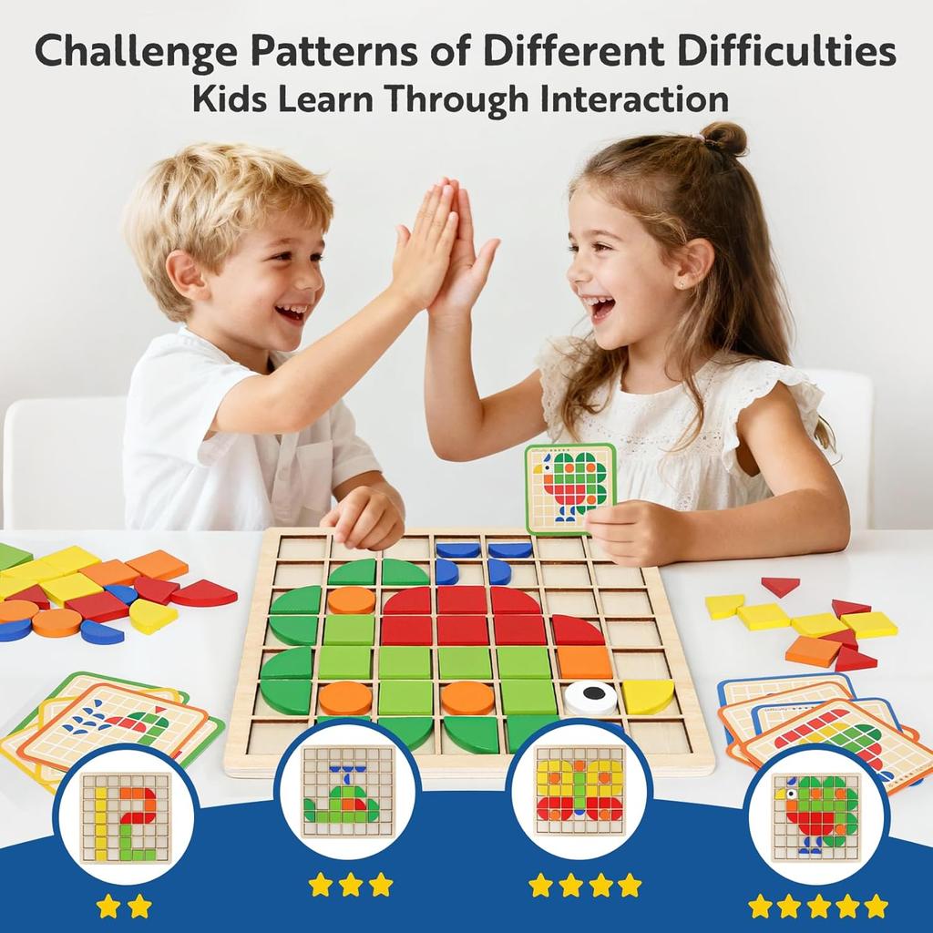 Wooden Montessori PuzzleToys Mosaic Color Shapes Sensory Game Early Educational Toy Jigsaw Pattern Blocks for Toddler's Gifts