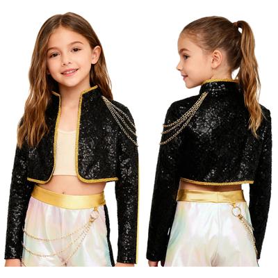 Girls Singer Cosplay Costume Long Sleeve Stand Collar Braided Trimming Shiny Sequins Outerwear