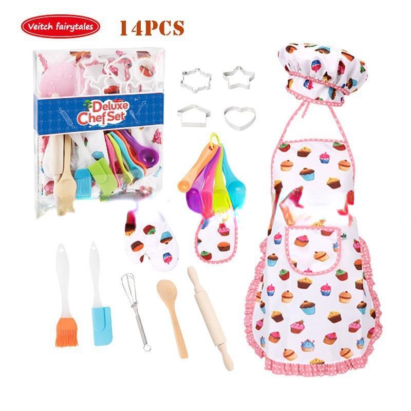 

Кулинарный набор, детский милый набор для выпечки, набор кухонных игрушек, аксессуары, фартук со шляпой шеф-повара, перчатки для духовки, держатель для кастрюли, формочка для печенья в качестве детского кухонного подарка 14Pcs