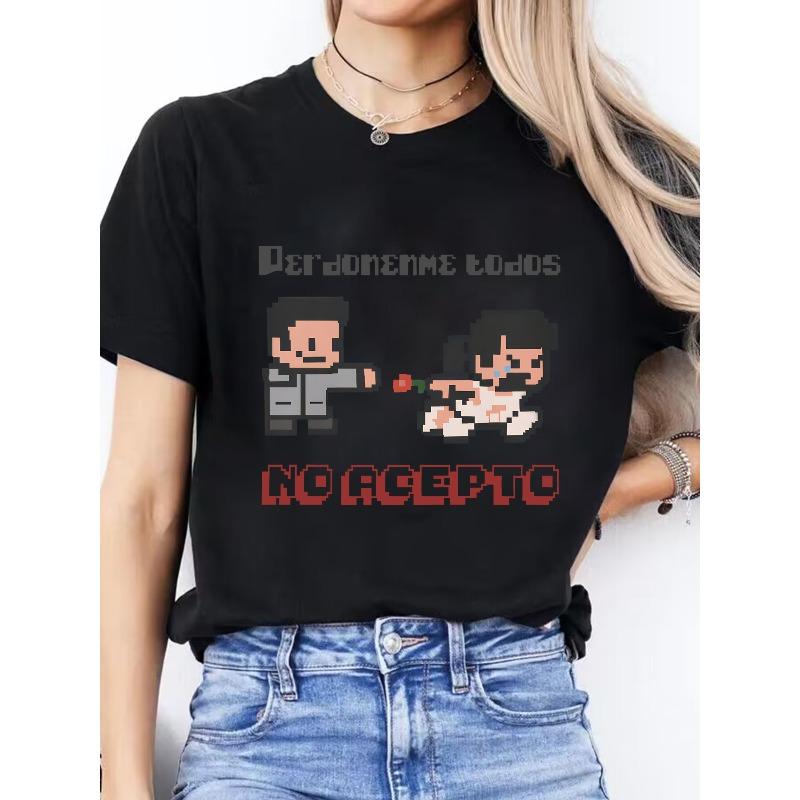 

Women s No Acepto Spanish Letter Print Crew Neck T-Shirt Short Sleeve Medium Stretch Casual Spring Summer Top S чёрный